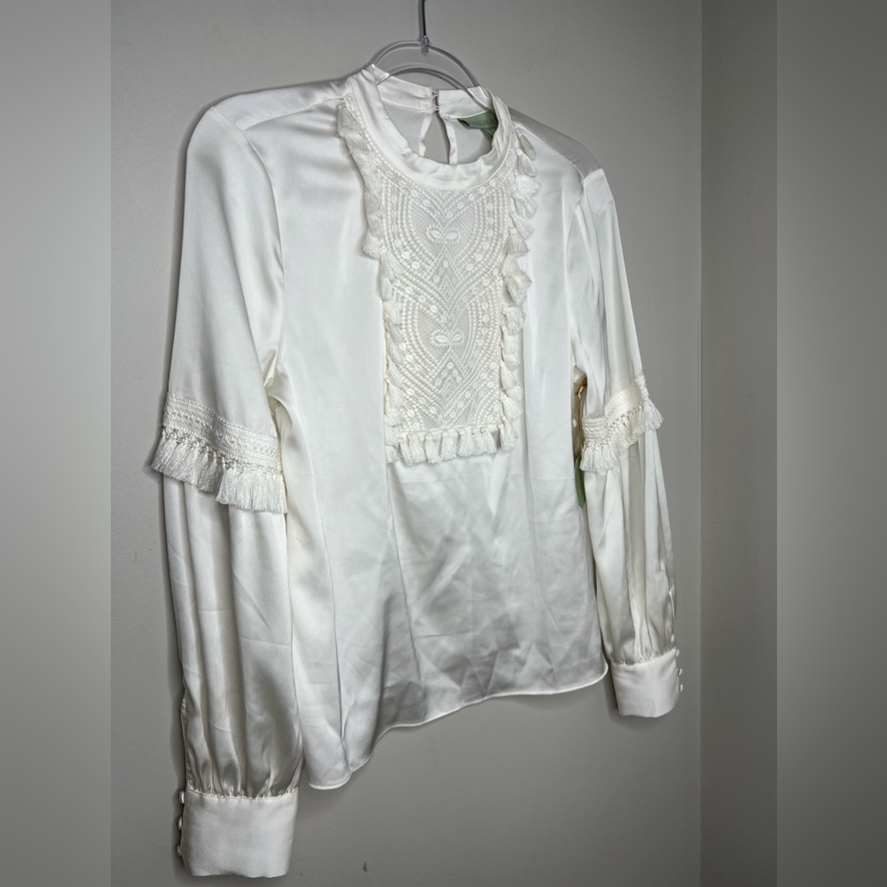 NWT! RYEGRASS white silk long sleeve tassel boho fringe peasant top. Size M. - Picture 3 of 10
